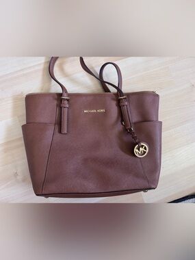 Michael Kors Brown Leather Tote with Gold-Tone MK Charm